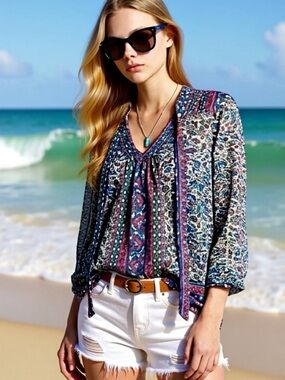 Lucky Brand Paisley Semi Sheer Blouse Size M